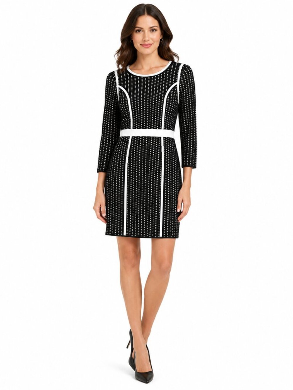 Calvin Klein Black White Knit Long Sleeve Geometric Sheath Dress Sz M Career
